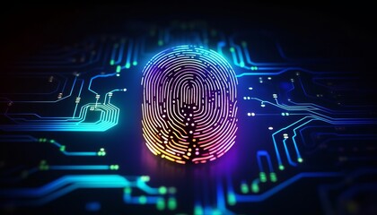 Digital fingerprint scanning verification process. Future security technology against digital cyber crime.