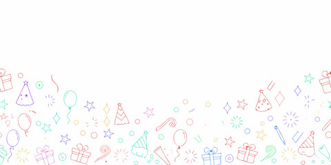 Colorful hand drawn party elements on white background border