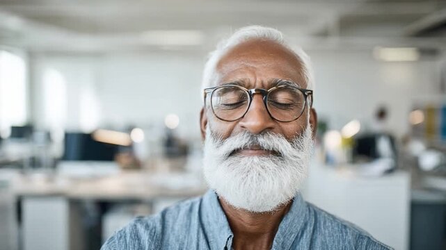 Contemplative Senior Portrait: An elderly individual, eyes gently closed, embodies the essence of mindful reflection, his face etched with wisdom and serene experience.