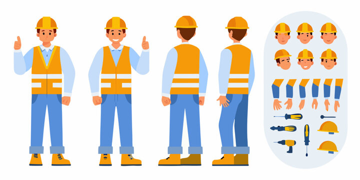 Construction worker character set with tools and different poses