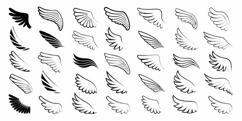 Collection of various hand drawn angel wings vector illustration set