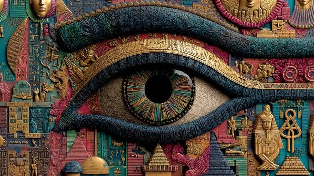 Detailed Egyptian Eye of Horus Illustration with Hieroglyphs, Pyramids and Pharaohs, Ancient Civilization Art, Colorful and Intricate Design