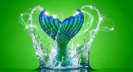 Foto auf Acrylglas Meerjungfrau Mermaid tail creating water splash on green background. Fantasy underwater world concept for chromakey effect. Motion graphic resource.  © Margarita Ratatosk