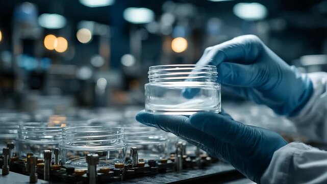 Pharmaceutical Manufacturing: Gloved Hands Inspecting Clear Glass Jars on Production Line in a Sterile Industrial Environment