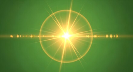 Single sun flare effect on chroma key. Optical lens light beam isolated on green screen for video composition. Ray background.