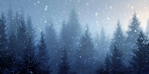 Magical Winter Night Background with Sparkling Snow and Forest Silhouettes