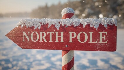 North Pole Direction Sign in Snowy Winter Landscape 