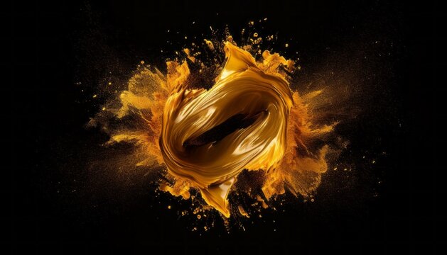 Explosion of gold golden yellow powder on black background. Burst splash inks in elegance glamour style.