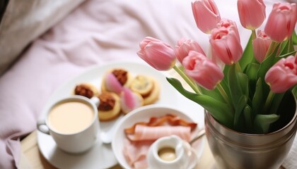 Festive breakfast with pink tulips. Breakfast in the hotel room. Birthday morning. Breakfast in bed. Mothers Day. Pink flower
