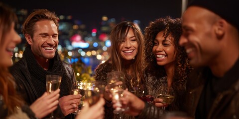 Fototapeta premium A cool and contemporary wide shot of a diverse group of modern friends, laughing and clinking glasses with celebratory drinks at a stylish rooftop New Year's party.