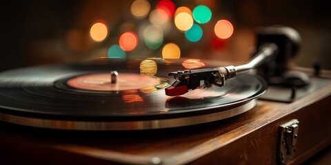 A cozy and retro close-up shot of a black vinyl record spinning on a vintage wooden turntable. The grooves of the record reflect the colorful, blurred bokeh of Christmas fairy lights
