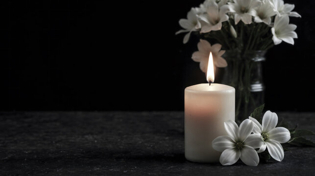 Gentle candle flame and white flowers offering peace and remembrance, a serene moment for reflection or memorial announcements and sympathy cards