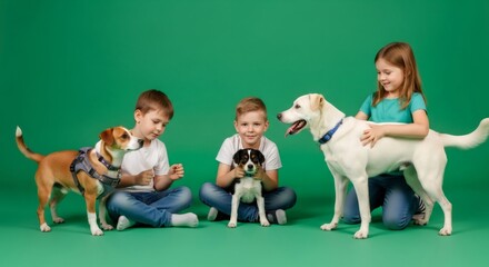 Three kids with three dogs on green background. Effect for chromakey isolated on green screen. Pet care and friendship concept.