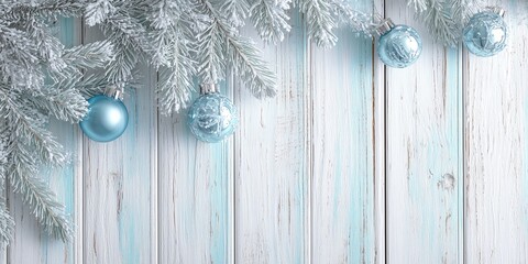 Rustic White Wood Background with Icy Blue Ornaments