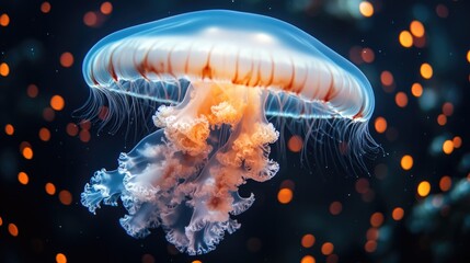 Fototapeta premium A jellyfish floating in the water with bright lights, dark background