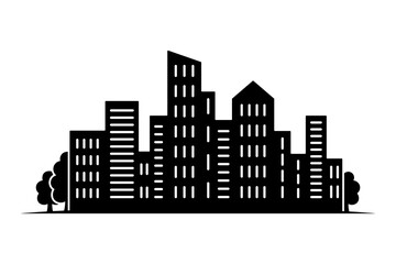 City icon. Houses, buildings. Black silhouette. Horizontal front view. Vector simple flat graphic illustration. Isolated object on a white background.