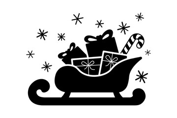 Christmas sleigh with gift boxes. Black silhouette. Side view. Vector simple flat graphic illustration. Isolated object on a white background.