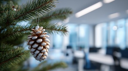 Snow-dusted pine cone ornament in modern office setting