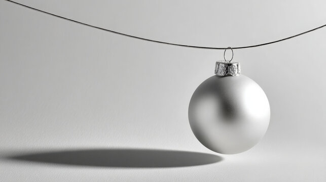 Silver christmas bauble hanging on a delicate wire, creating a long shadow on a minimalist white background, symbolizing holiday elegance and festive simplicity