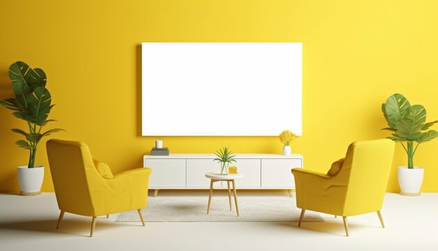Front view on blank white tv screen with space for your logo or text in yellow colors living room with vintage style armchairs, carpet and flower pot. 3D rendering, mock up 