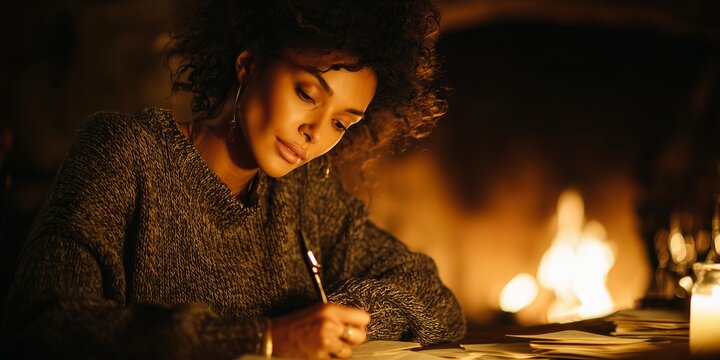 A serene and intimate medium shot portrait of a thoughtful woman with soft, natural hair, focused on writing Christmas cards at a wooden table.