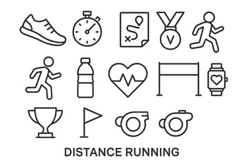 Running Icon Collection. Distance running. Line icon set of running: shoe, stopwatch, route map, medal, runner, water bottle, heart rate, finish line, trophy,