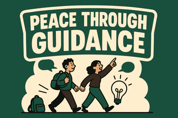 Guidance and Growth. Peace Through Guidance banner, flat vector illustration, bold oversized text inside sticker outline banner, cartoon characters walking and