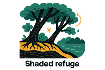 Riverbank Refuge Scene. River Ecosystem ? Riverbank Forest. Tall trees lean over the water; roots weave into soil layers with fine lines. Caption ?shaded