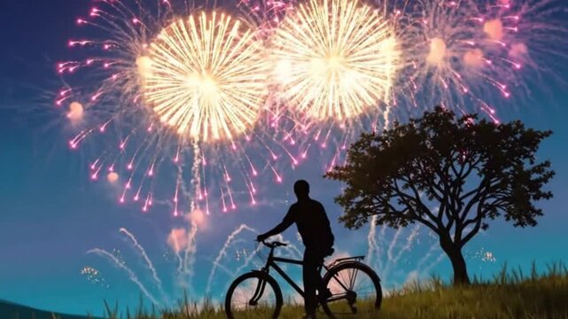 A lone cyclist's silhouette is poised on a grassy hilltop, observing a breathtaking display of vibrant pink fireworks. The spectacular explosions illuminate the twilight sky, creating a magical and ce