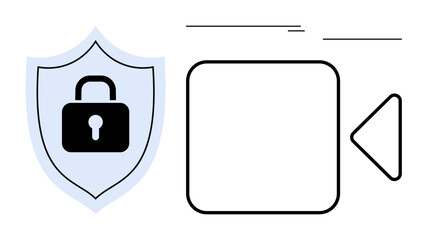 Shield with a lock beside a video camera icon highlights secure video recording, privacy, and data protection. Ideal for cybersecurity, encryption, surveillance, cloud storage, safety