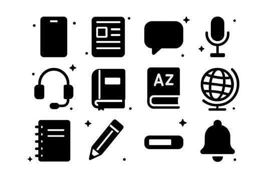Study Tools Icons Set. Study Tools. Solid icons set of Study Tools: smartphone, app interface, chat bubble, microphone, headset, book, dictionary, globe,