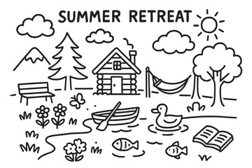 Fototapeta premium Summer Retreat Doodles. Summer retreat. Hand-drawn doodle illustration lake, cabin, tree, hammock, sun, clouds, mountain, boat, duck, butterfly, flowers,