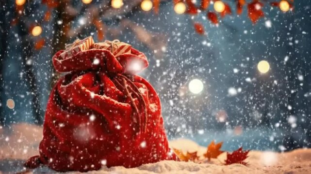 A magical winter night scene features a large red sack filled with beautifully wrapped presents resting in the snow. Gentle snowflakes fall, creating an enchanting and festive atmosphere with warm, gl