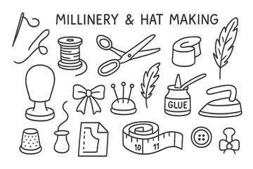 Millinery Tools Illustrated. Millinery and hat making. Hand-drawn doodle illustration Millinery and hat making sewing needle, thread spool, scissors, ribbon,