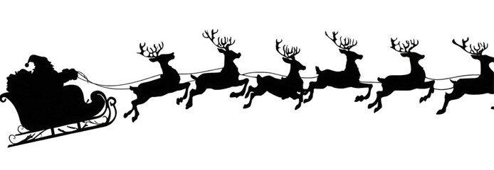 Fototapeta premium Black silhouette of Santa Claus flying in his sleigh with reindeer.