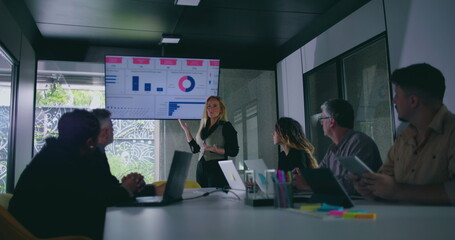 Businesswoman addressing team beside chart screen while colleagues observe during corporate meeting in brightly lit conference room