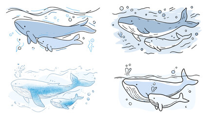 Fototapeta premium Soft blue illustration of a mother whale swimming with her baby underwater. Gentle ocean scene showing family bonding, marine life, and peaceful movement in a calm aquatic environment.