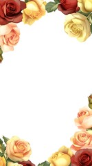 Variously colored roses with green foliage form an ornate border on a white background