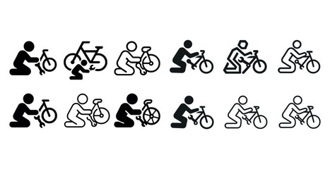 Evolution of bicycle repair icons depicting varied styles and techniques