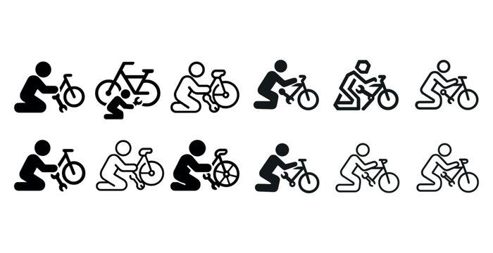 Evolution of bicycle repair icons depicting varied styles and techniques - Powered by Adobe
