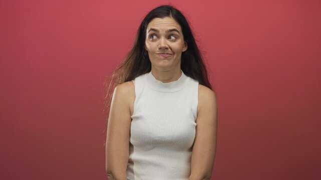 Woman glances sideways with shrugging shoulders against red wall in studio headshot setting; doubt.