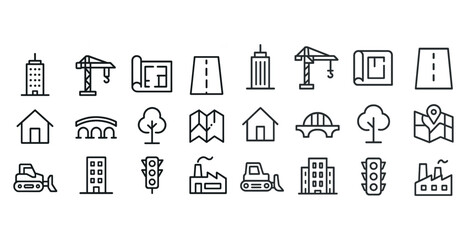 Collection of construction and urban planning icons featuring buildings and infrastructure