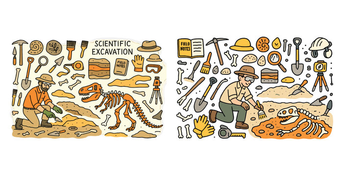 Cartoon paleontologists discover dinosaur fossils with excavation tools