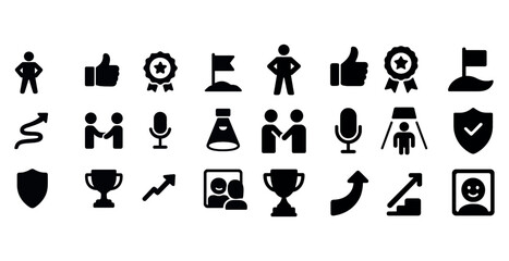 Achievement symbols: trophies, medals, and growth icons in black silhouettes