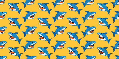 Cartoon sharks seamless pattern on yellow background cute and fun design