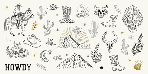 Western doodle illustration with cowboy skulls cacti mountains and boots