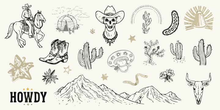 Hand drawn western elements and desert landscape illustration
