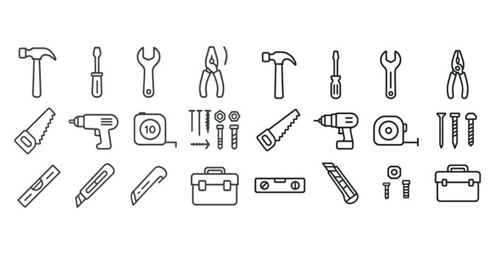 Line art toolbox collection: wrench, hammer, drill, saw, screwdriver, tape measure - Powered by Adobe