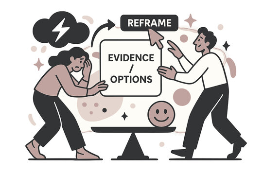 Reframing Thoughts. Thought reframing (CBT). A stormy bubble flips into a balanced card reading ?Evidence / Options?; ?Reframe? arrow clicks into place. A