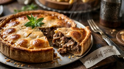 Naklejka premium Rustic close-up shot of a savory meat pie with a Feast of 2026 tag